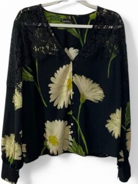 Nicole Miller Black Floral Lace-Shoulder Blouse w/ Cream/Green Blooms Size L, XL